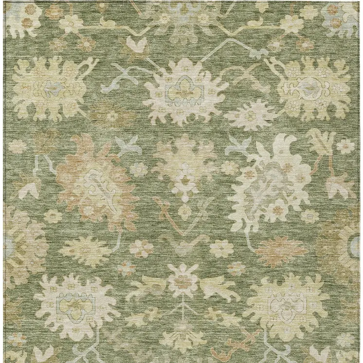 10' X 14' Artichoke Green Ivory And Tan Floral Washable Indoor Outdoor Area Rug
