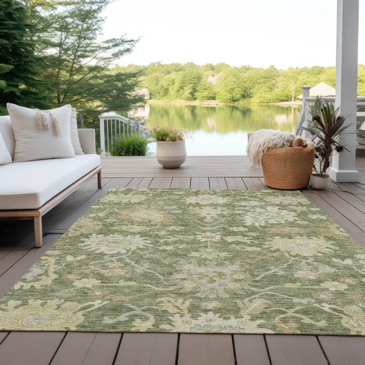 10' X 14' Artichoke Green Ivory And Tan Floral Washable Indoor Outdoor Area Rug