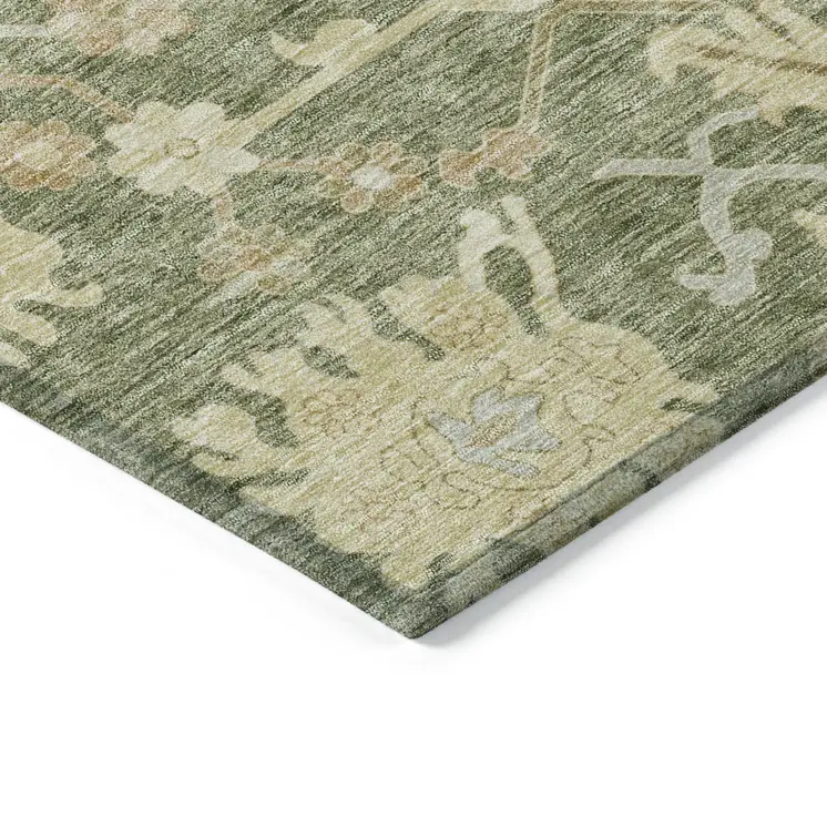 10' X 14' Artichoke Green Ivory And Tan Floral Washable Indoor Outdoor Area Rug