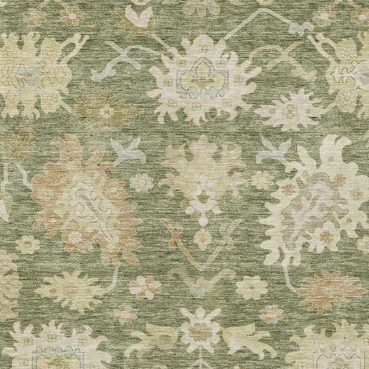 10' X 14' Artichoke Green Ivory And Tan Floral Washable Indoor Outdoor Area Rug