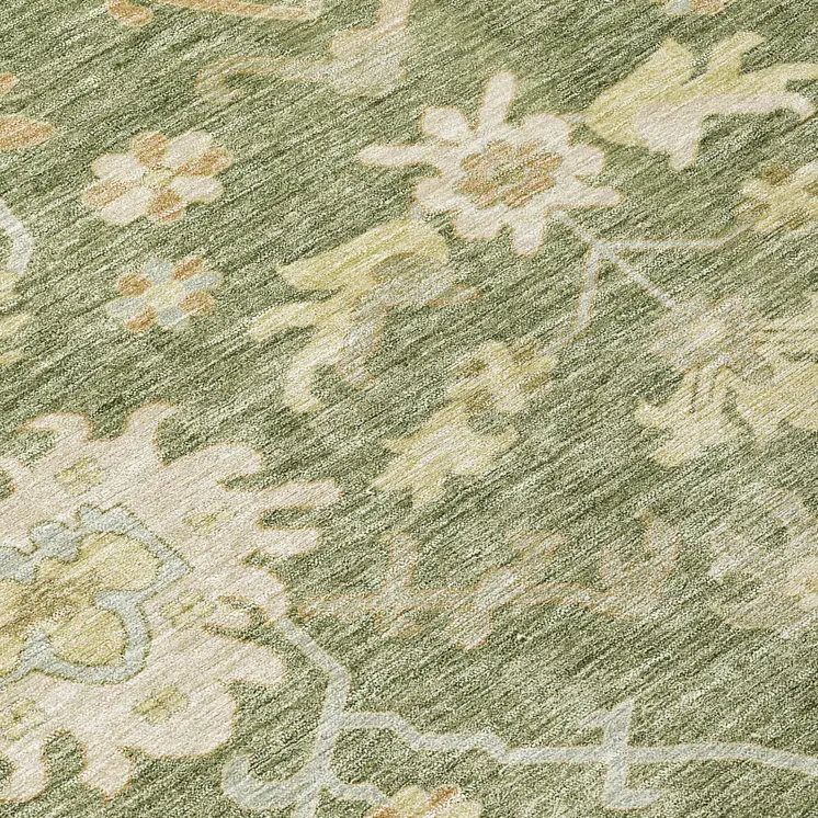 10' X 14' Artichoke Green Ivory And Tan Floral Washable Indoor Outdoor Area Rug