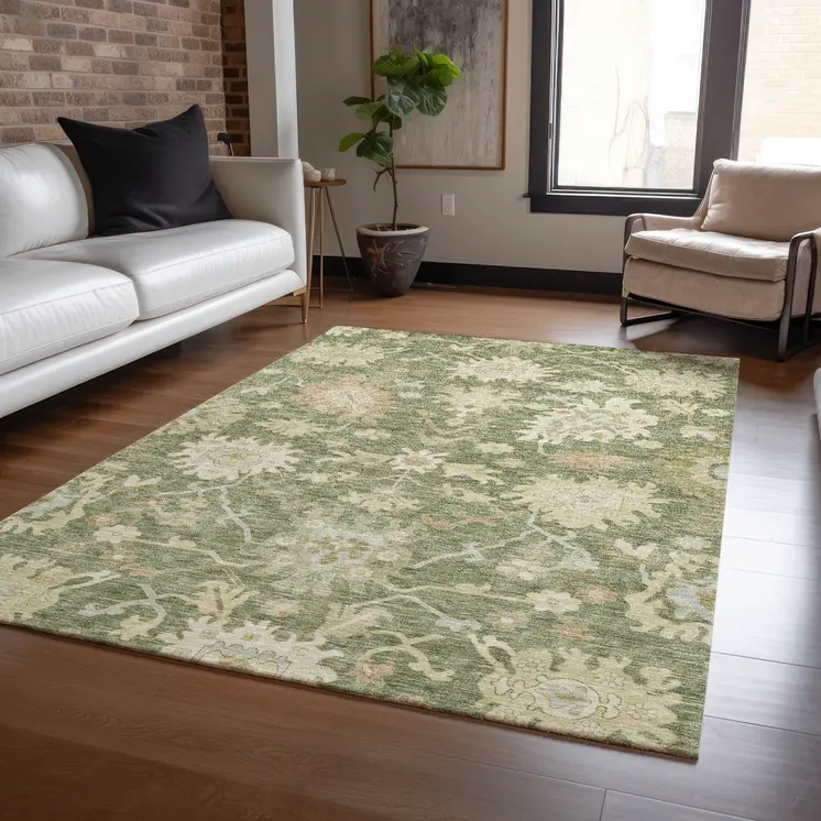 10' X 14' Artichoke Green Ivory And Tan Floral Washable Indoor Outdoor Area Rug