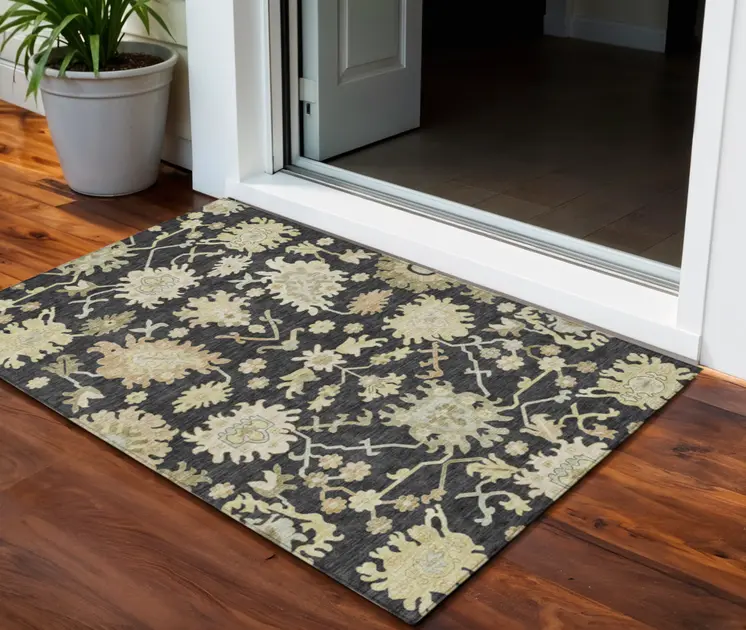 3' X 5' Black And Ivory Floral Washable Indoor Outdoor Area Rug