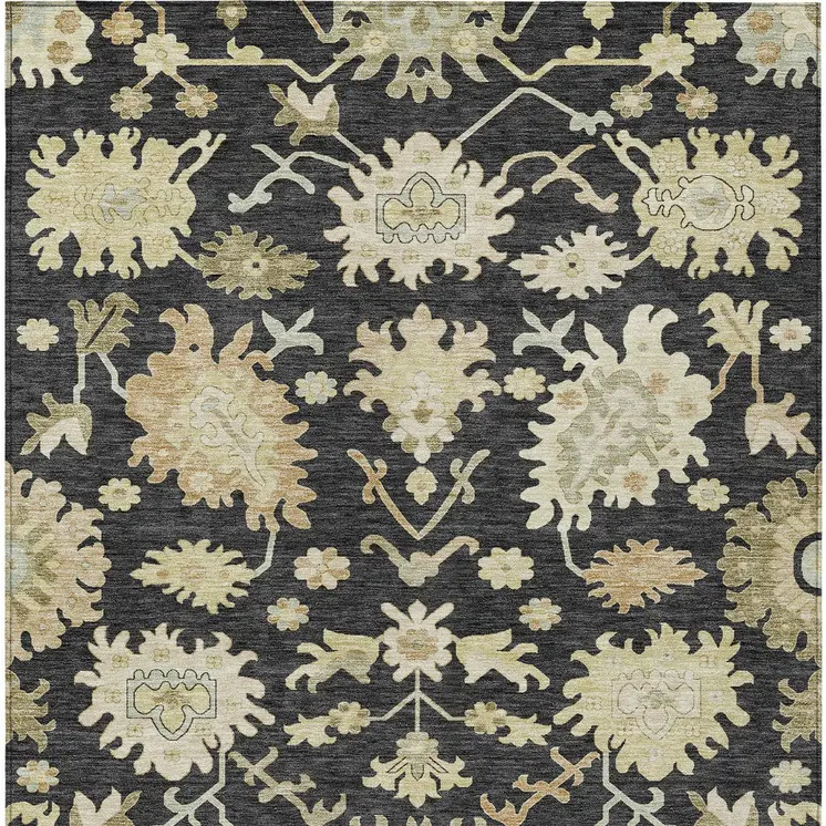 3' X 5' Black And Ivory Floral Washable Indoor Outdoor Area Rug