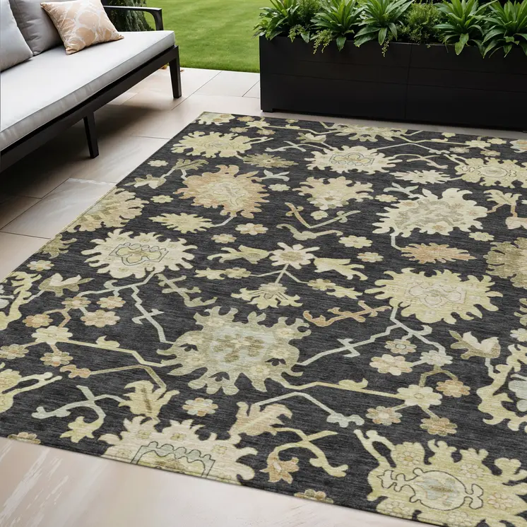 5' X 8' Black And Ivory Floral Washable Indoor Outdoor Area Rug