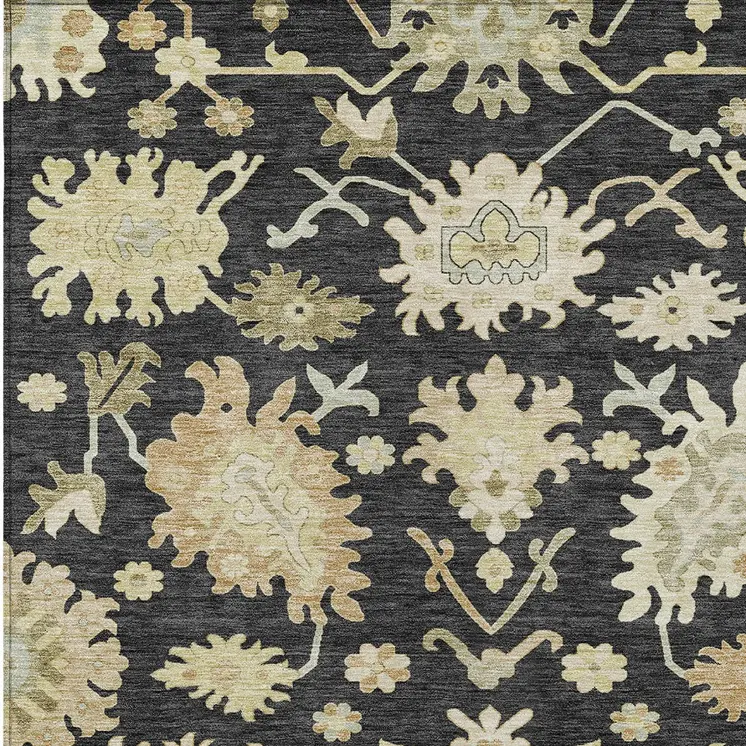 5' X 8' Black And Ivory Floral Washable Indoor Outdoor Area Rug