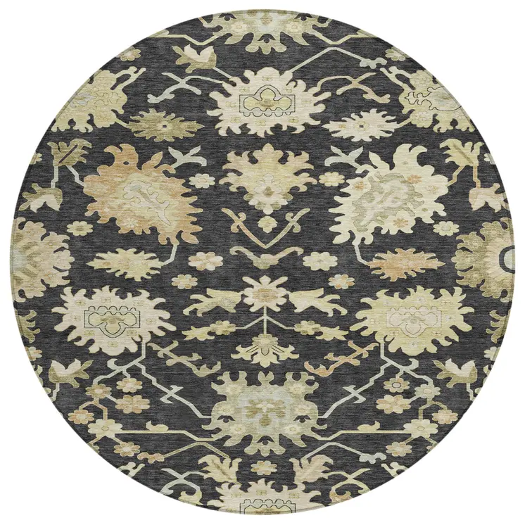 8' Black And Ivory Round Floral Washable Indoor Outdoor Area Rug