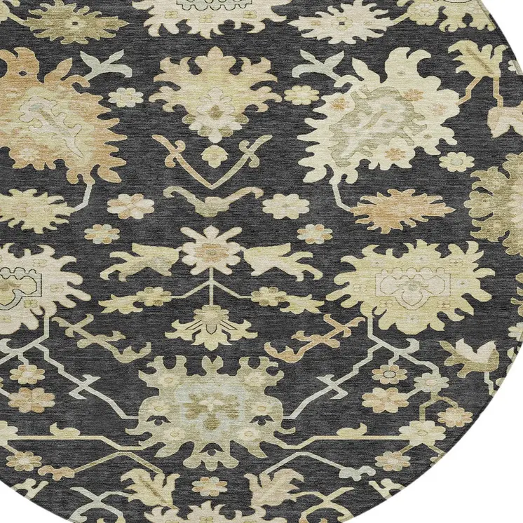 8' Black And Ivory Round Floral Washable Indoor Outdoor Area Rug
