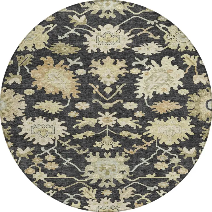 8' Black And Ivory Round Floral Washable Indoor Outdoor Area Rug