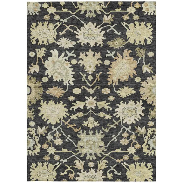9' X 12' Black And Ivory Floral Washable Indoor Outdoor Area Rug