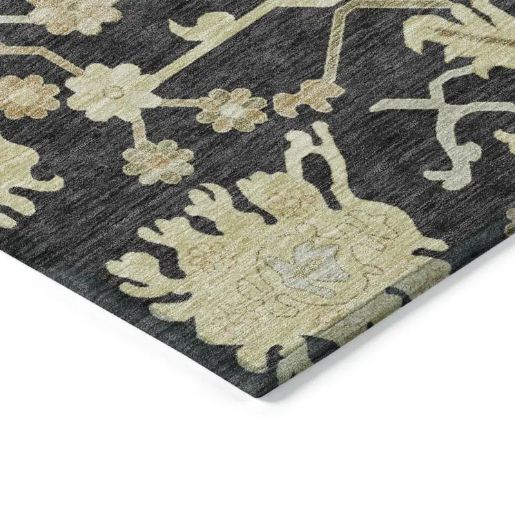 9' X 12' Black And Ivory Floral Washable Indoor Outdoor Area Rug