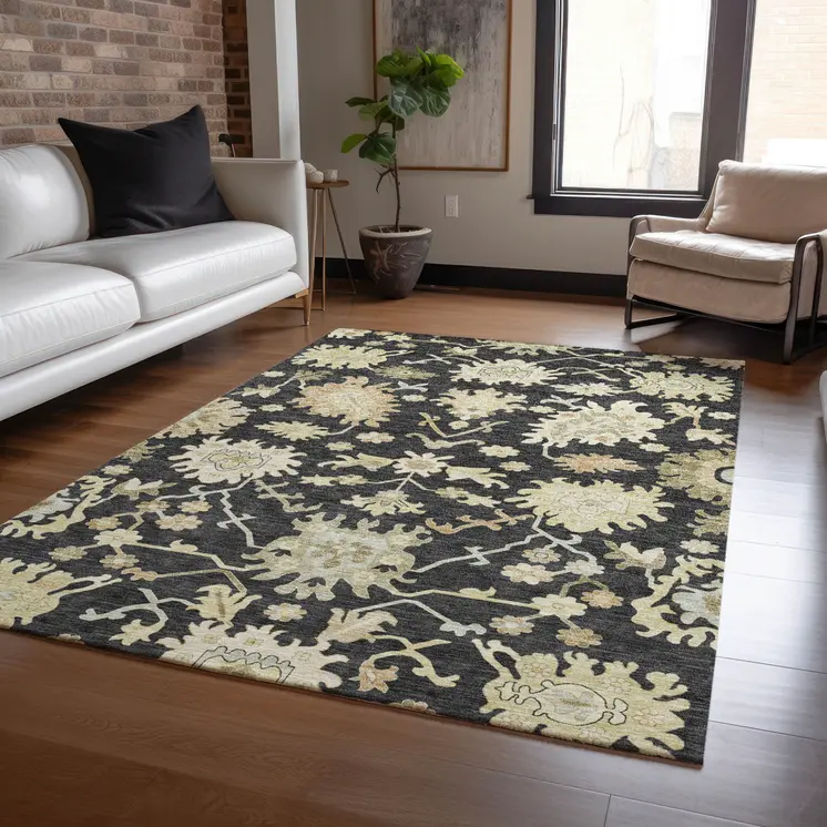 9' X 12' Black And Ivory Floral Washable Indoor Outdoor Area Rug