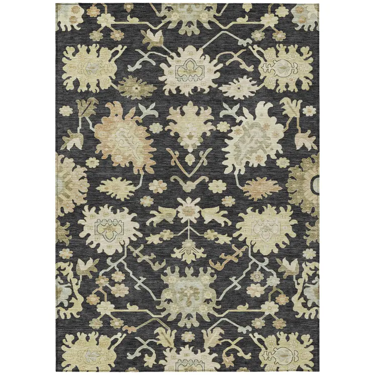 10' X 14' Black And Ivory Floral Washable Indoor Outdoor Area Rug