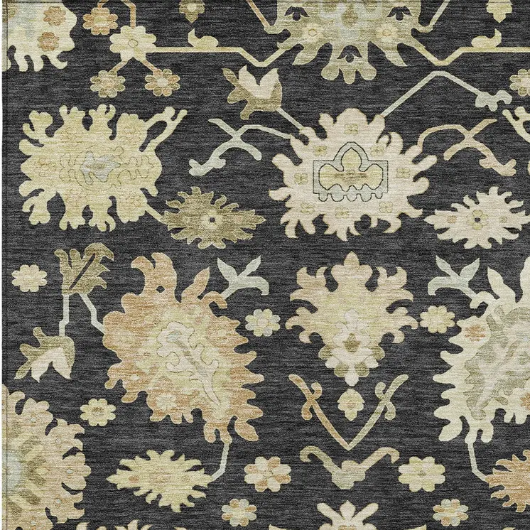 10' X 14' Black And Ivory Floral Washable Indoor Outdoor Area Rug