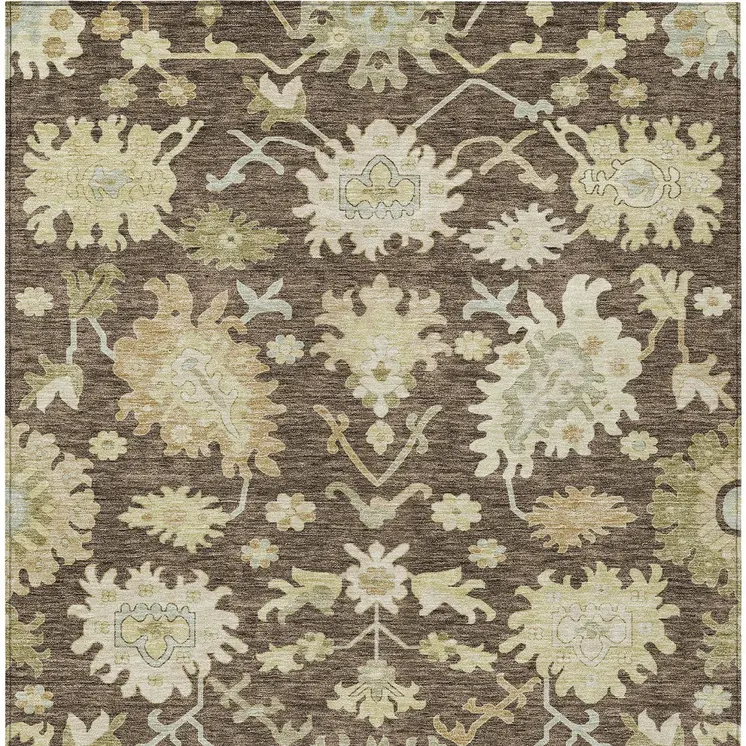 3' X 5' Chocolate And Beige Floral Washable Indoor Outdoor Area Rug