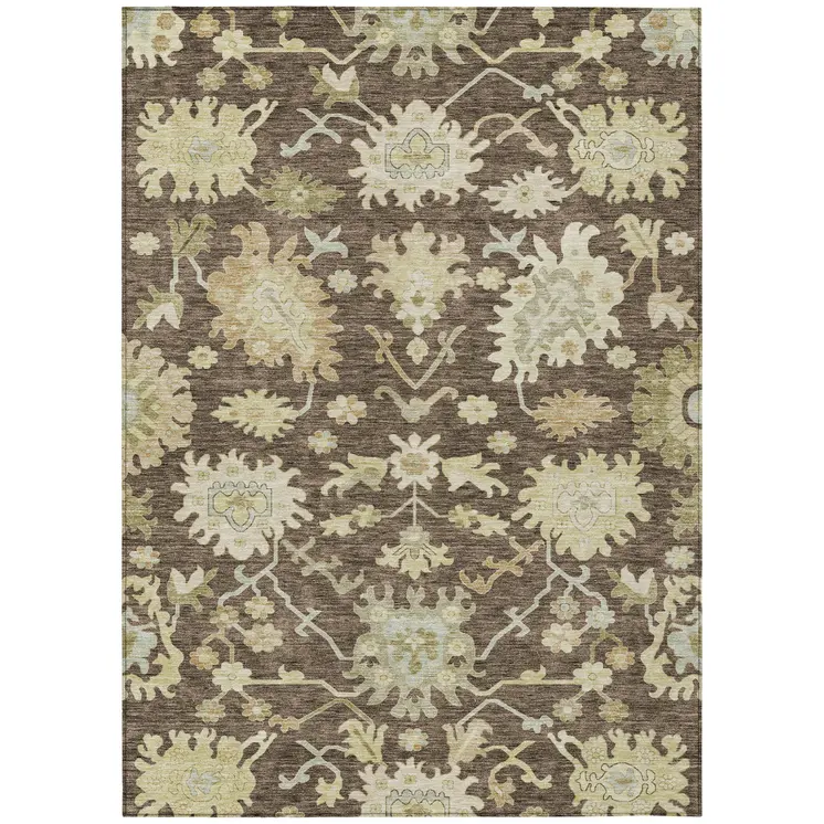 3' X 5' Chocolate And Beige Floral Washable Indoor Outdoor Area Rug