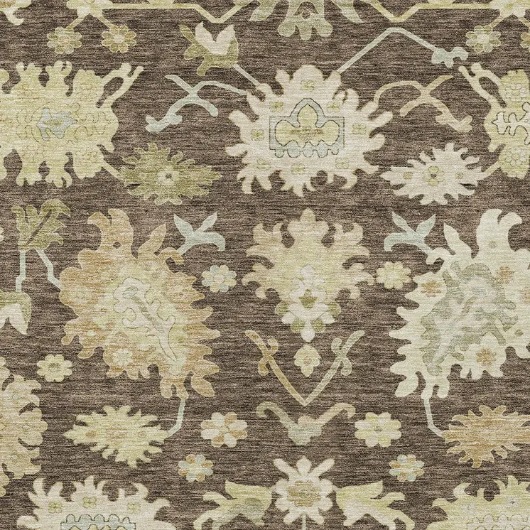 3' X 5' Chocolate And Beige Floral Washable Indoor Outdoor Area Rug