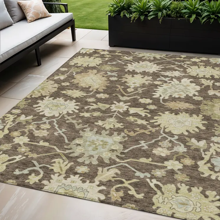 5' X 8' Chocolate And Beige Floral Washable Indoor Outdoor Area Rug