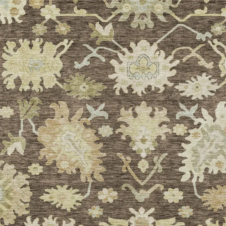 5' X 8' Chocolate And Beige Floral Washable Indoor Outdoor Area Rug