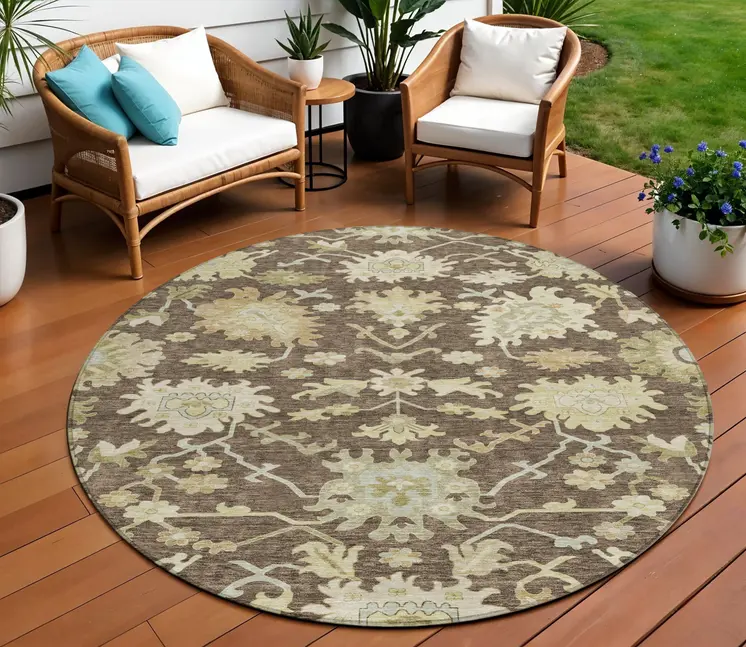 8' Chocolate And Beige Round Floral Washable Indoor Outdoor Area Rug