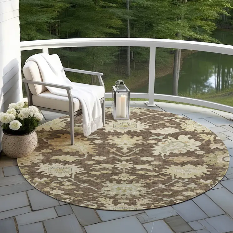 8' Chocolate And Beige Round Floral Washable Indoor Outdoor Area Rug