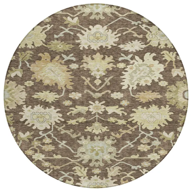 8' Chocolate And Beige Round Floral Washable Indoor Outdoor Area Rug