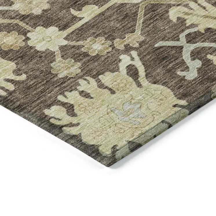 8' Chocolate And Beige Round Floral Washable Indoor Outdoor Area Rug