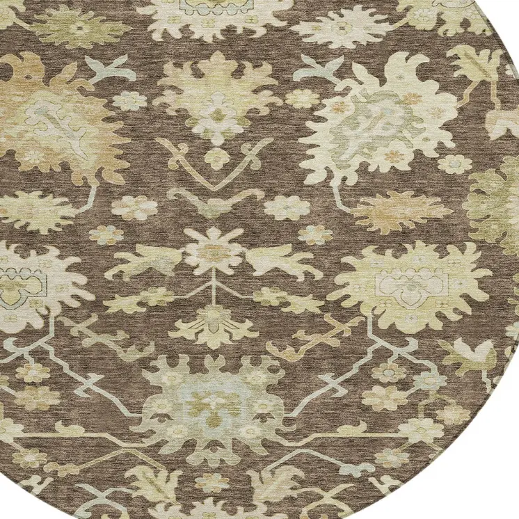 8' Chocolate And Beige Round Floral Washable Indoor Outdoor Area Rug