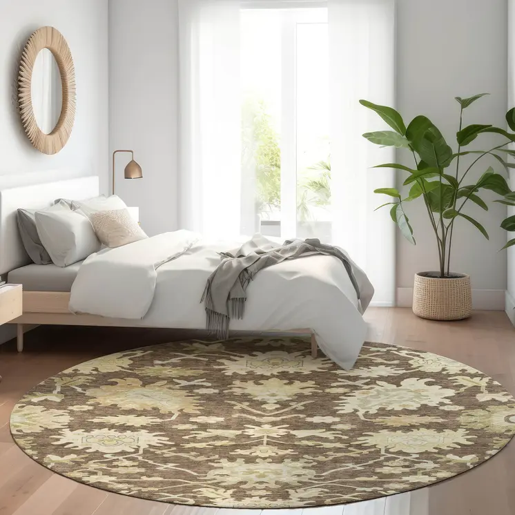 8' Chocolate And Beige Round Floral Washable Indoor Outdoor Area Rug