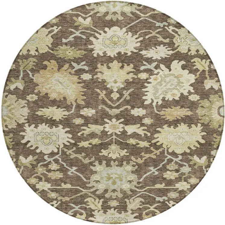 8' Chocolate And Beige Round Floral Washable Indoor Outdoor Area Rug