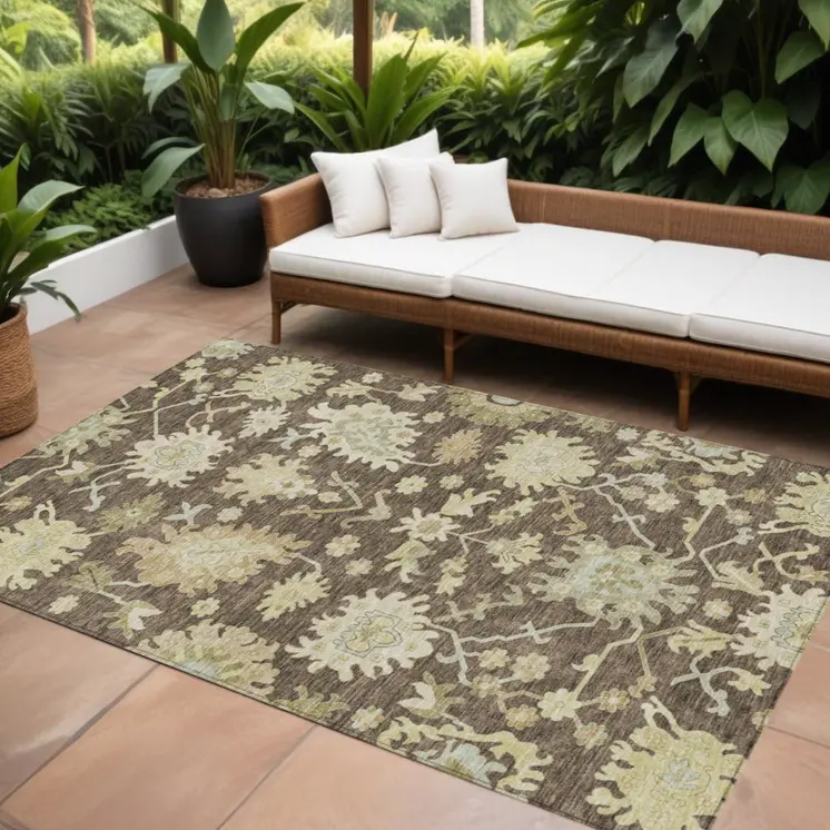 8' X 10' Chocolate And Beige Floral Washable Indoor Outdoor Area Rug