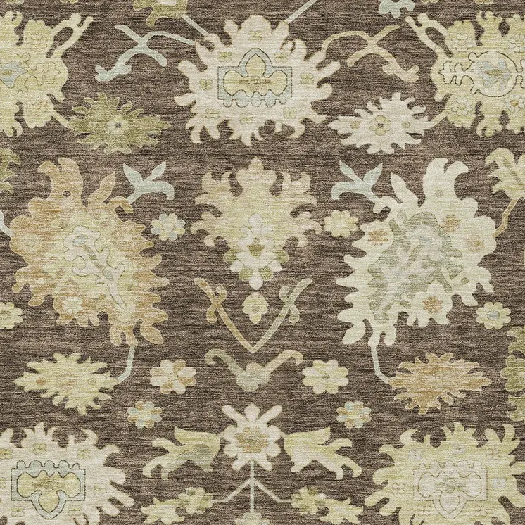 8' X 10' Chocolate And Beige Floral Washable Indoor Outdoor Area Rug