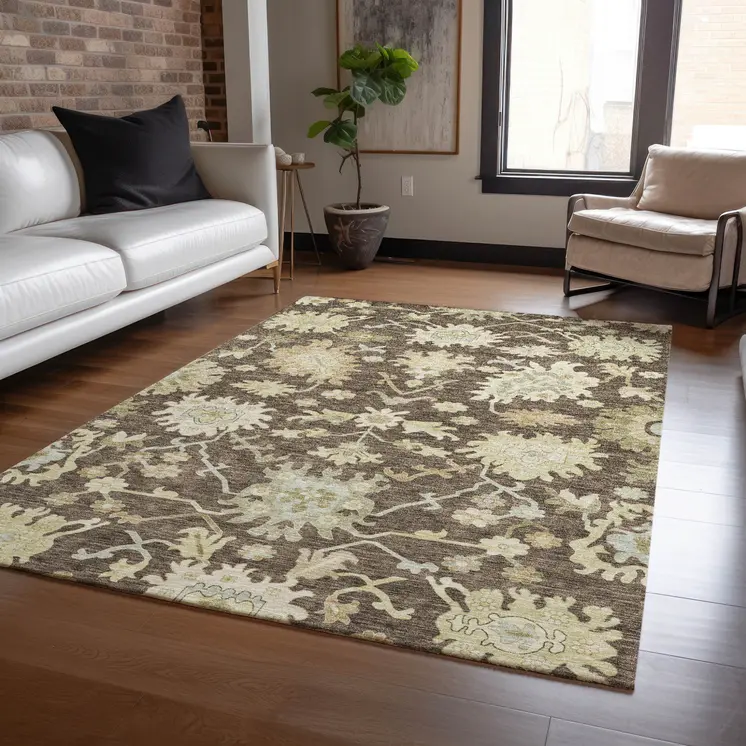 8' X 10' Chocolate And Beige Floral Washable Indoor Outdoor Area Rug
