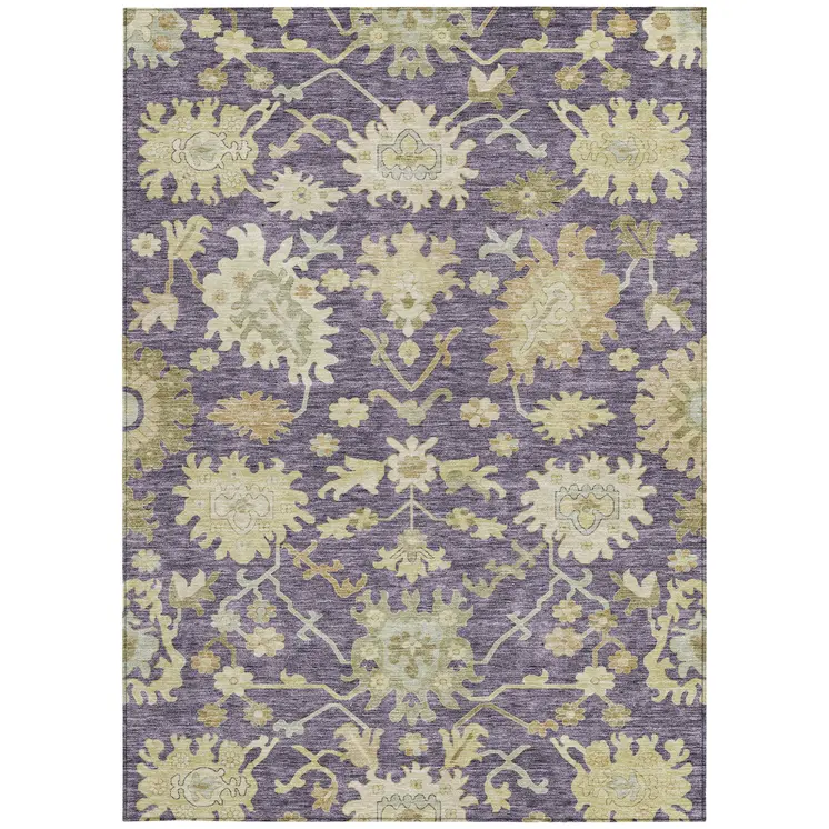 3' X 5' Eggplant Beige And Green Floral Washable Indoor Outdoor Area Rug