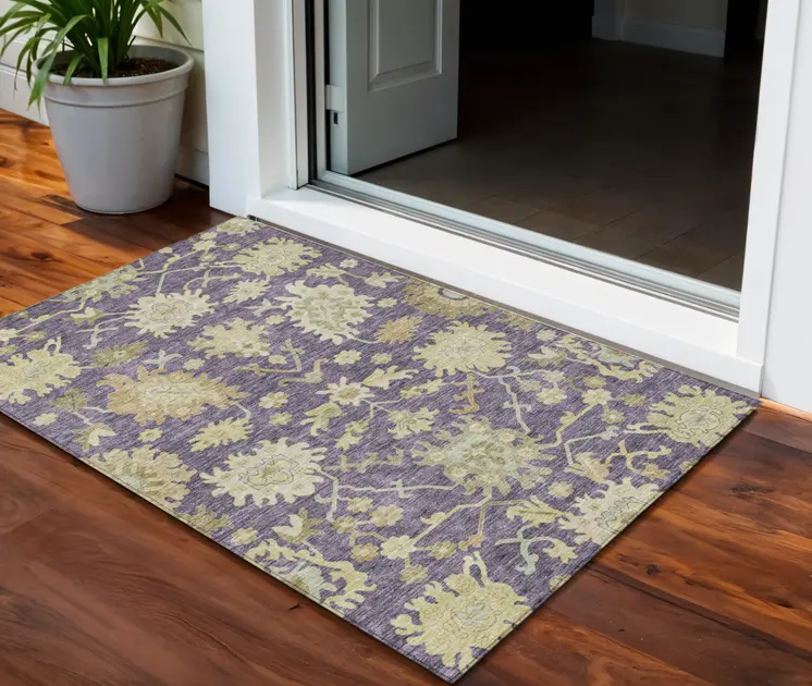 3' X 5' Eggplant Beige And Green Floral Washable Indoor Outdoor Area Rug