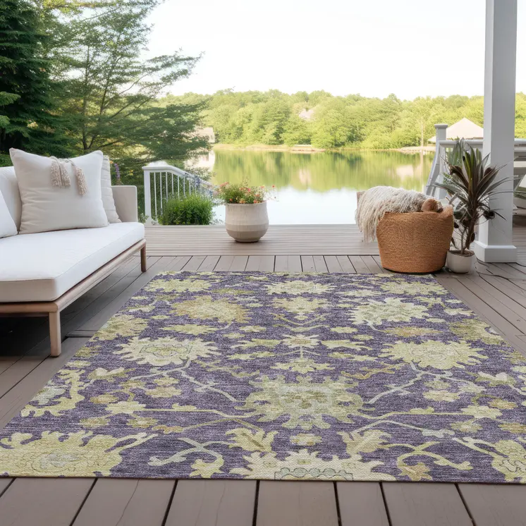 3' X 5' Eggplant Beige And Green Floral Washable Indoor Outdoor Area Rug