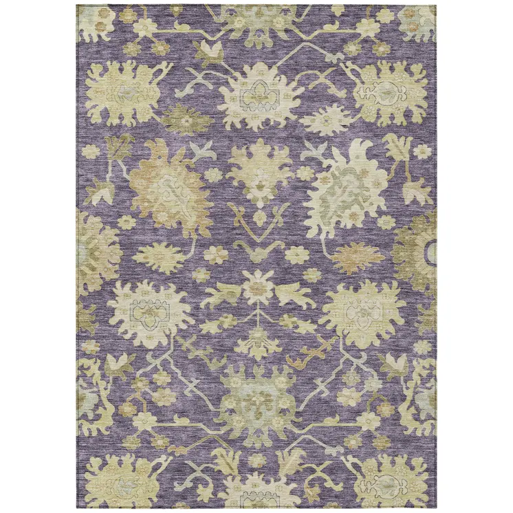 3' X 5' Eggplant Beige And Green Floral Washable Indoor Outdoor Area Rug