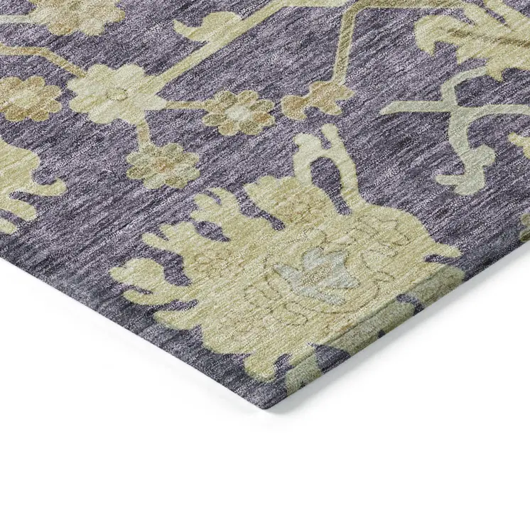 3' X 5' Eggplant Beige And Green Floral Washable Indoor Outdoor Area Rug