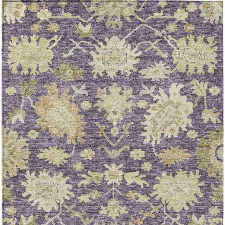 3' X 5' Eggplant Beige And Green Floral Washable Indoor Outdoor Area Rug