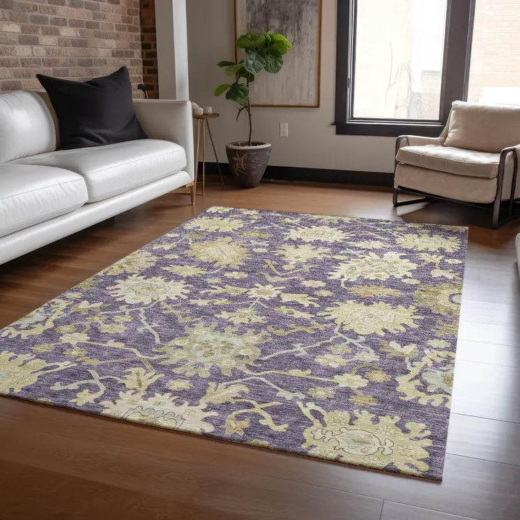 3' X 5' Eggplant Beige And Green Floral Washable Indoor Outdoor Area Rug