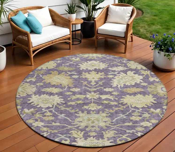 8' Eggplant Beige And Green Round Floral Washable Indoor Outdoor Area Rug