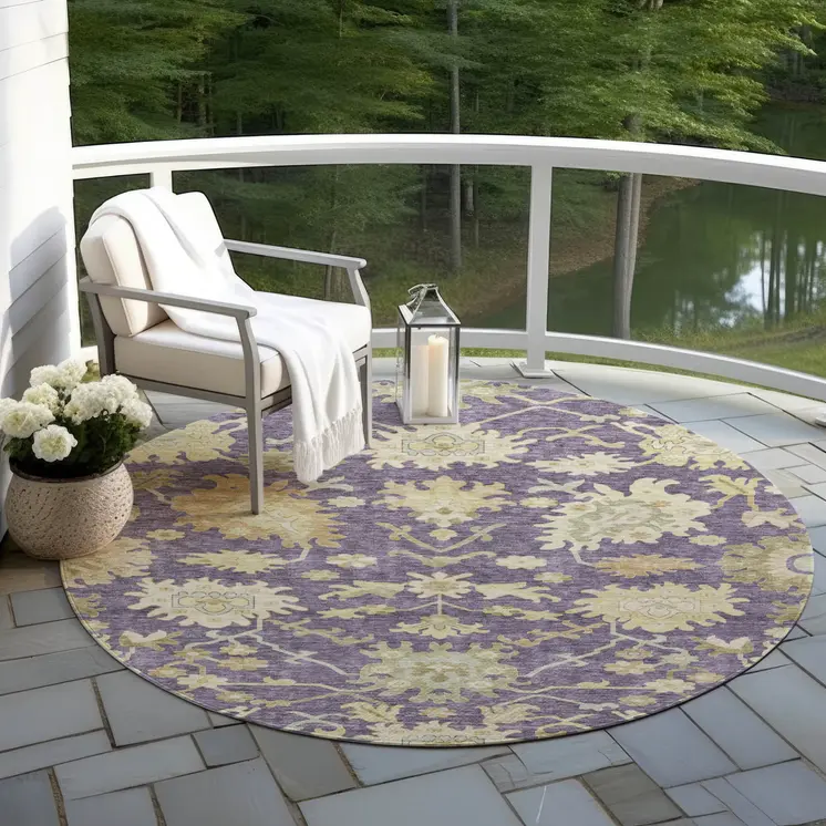 8' Eggplant Beige And Green Round Floral Washable Indoor Outdoor Area Rug
