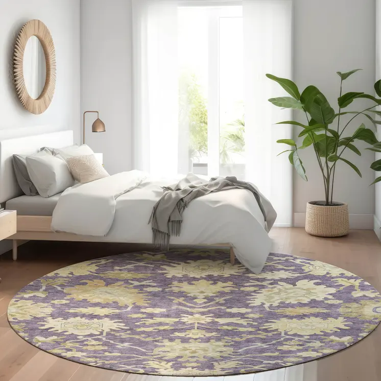 8' Eggplant Beige And Green Round Floral Washable Indoor Outdoor Area Rug