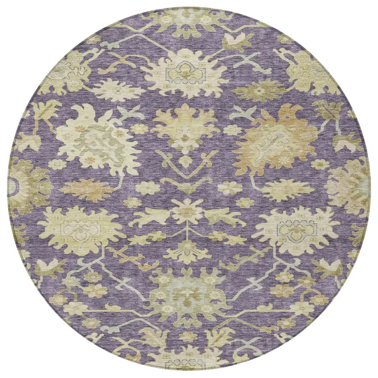 8' Eggplant Beige And Green Round Floral Washable Indoor Outdoor Area Rug