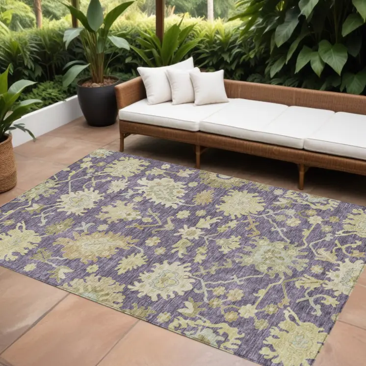 8' X 10' Eggplant Beige And Green Floral Washable Indoor Outdoor Area Rug