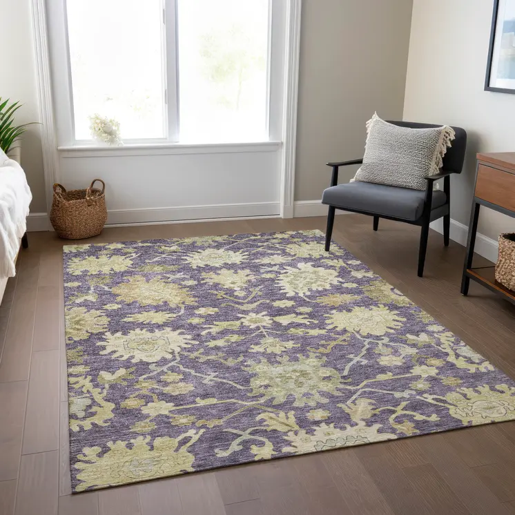 9' X 12' Eggplant Beige And Green Floral Washable Indoor Outdoor Area Rug
