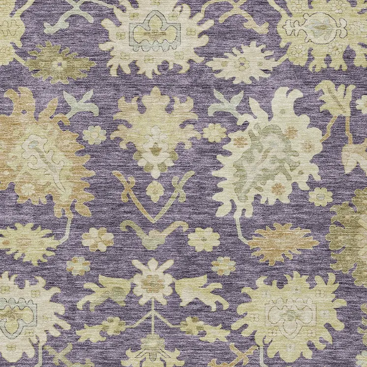 10' X 14' Eggplant Beige And Green Floral Washable Indoor Outdoor Area Rug