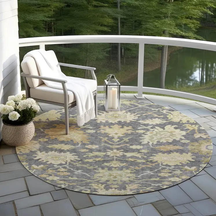 8' Gray Ivory And Green Round Floral Washable Indoor Outdoor Area Rug