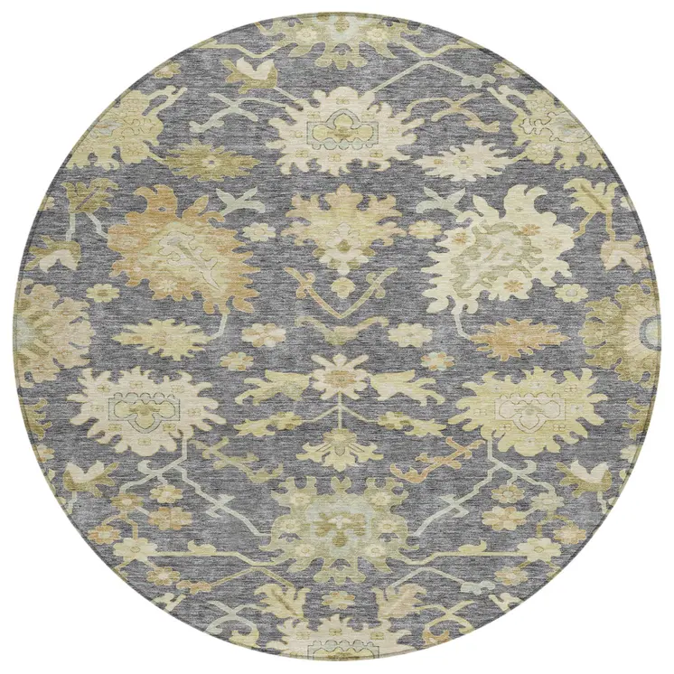 8' Gray Ivory And Green Round Floral Washable Indoor Outdoor Area Rug