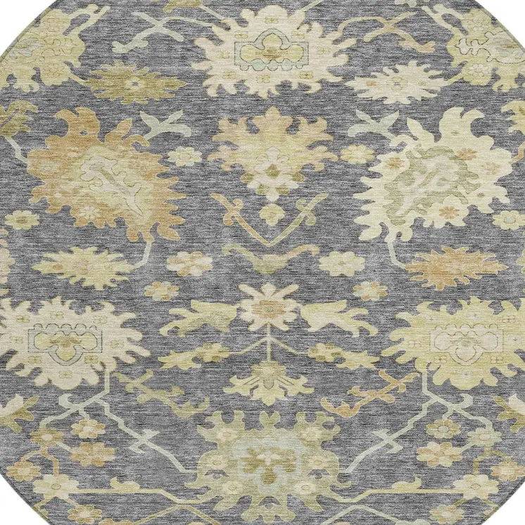 8' Gray Ivory And Green Round Floral Washable Indoor Outdoor Area Rug
